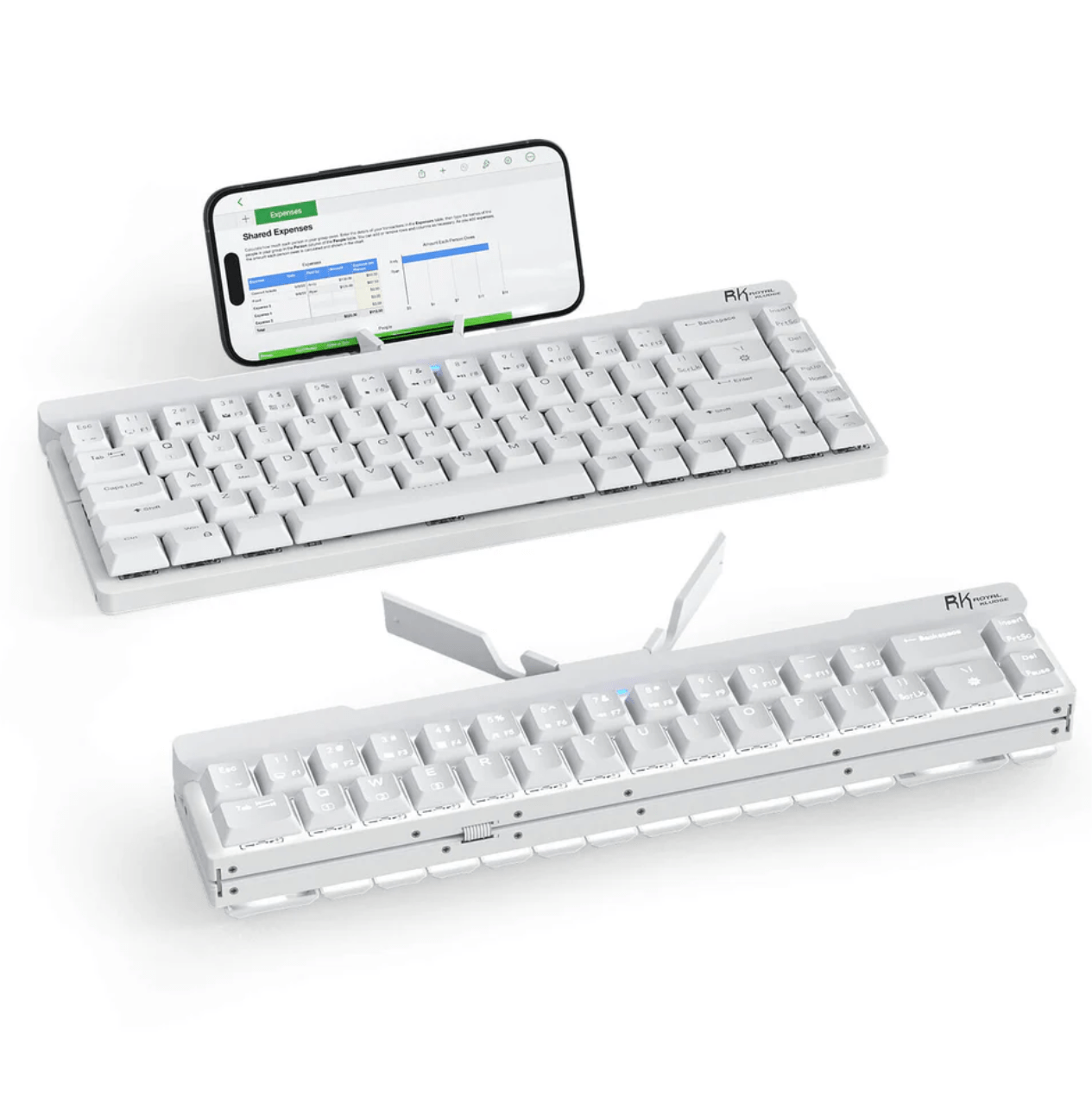 Two keyboards next to a phone, one opened, one folded.